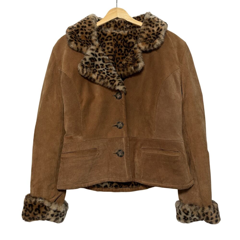 Brown Faux Suede Jacket with Leopard Faux Fur Trim
